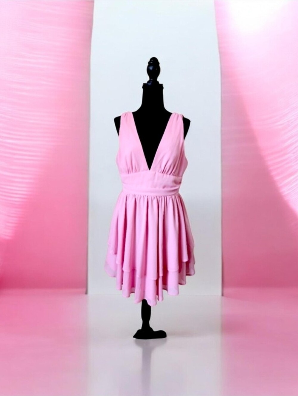 Pink Sleeveless V-Neck Dress Ruffle Flounce M
